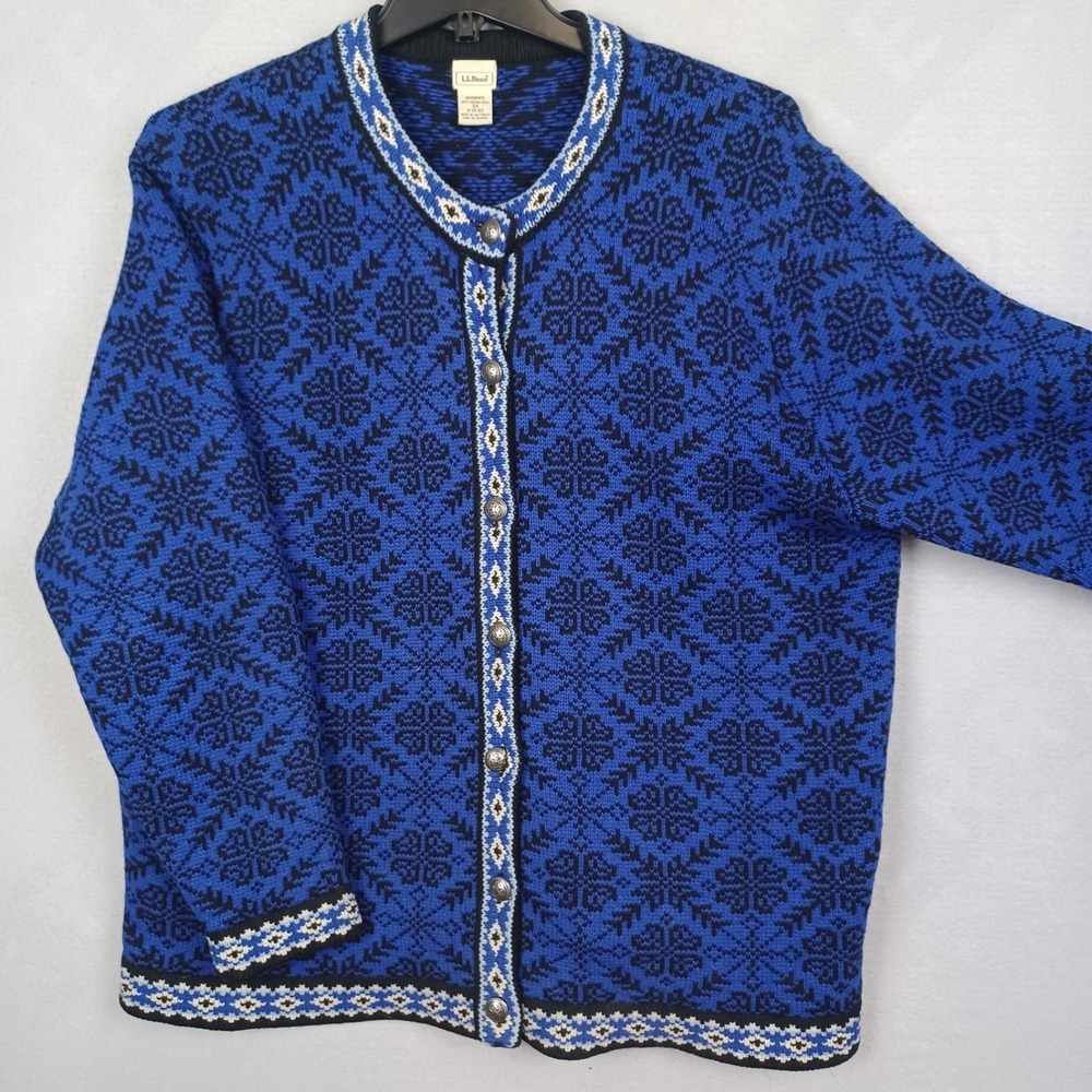 Vintage L.L. Bean Women's 2X Merino Wool Cardigan Austrian Nordic Fair Isle Blue